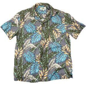 Island Shores Men's Hawaiian Shirt Large Green and Blue 100% Silk Button Up